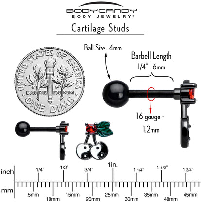 16G 1/4 Red CZ Gem Black Yin Yang Cherry Cartilage Tragus Earring