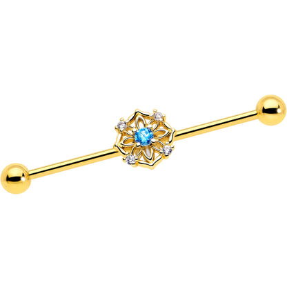 14G Blue CZ Gem Gold Tone Flower Ring Industrial Barbell 38mm