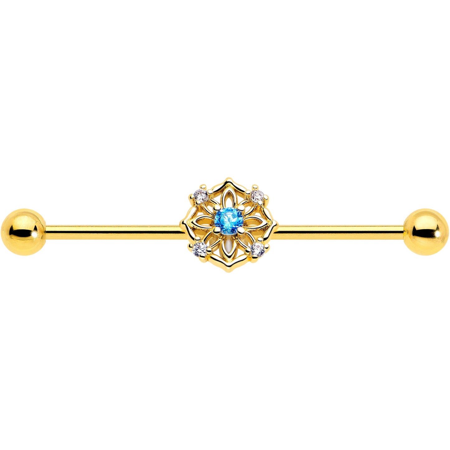 14G Blue CZ Gem Gold Tone Flower Ring Industrial Barbell 38mm