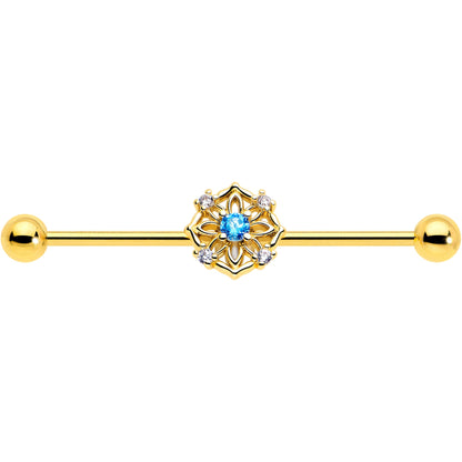 14G Blue CZ Gem Gold Tone Flower Ring Industrial Barbell 38mm