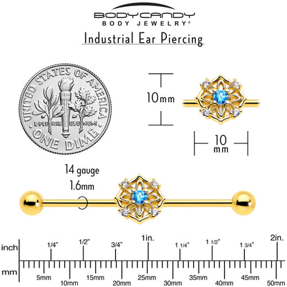 14G Blue CZ Gem Gold Tone Flower Ring Industrial Barbell 38mm