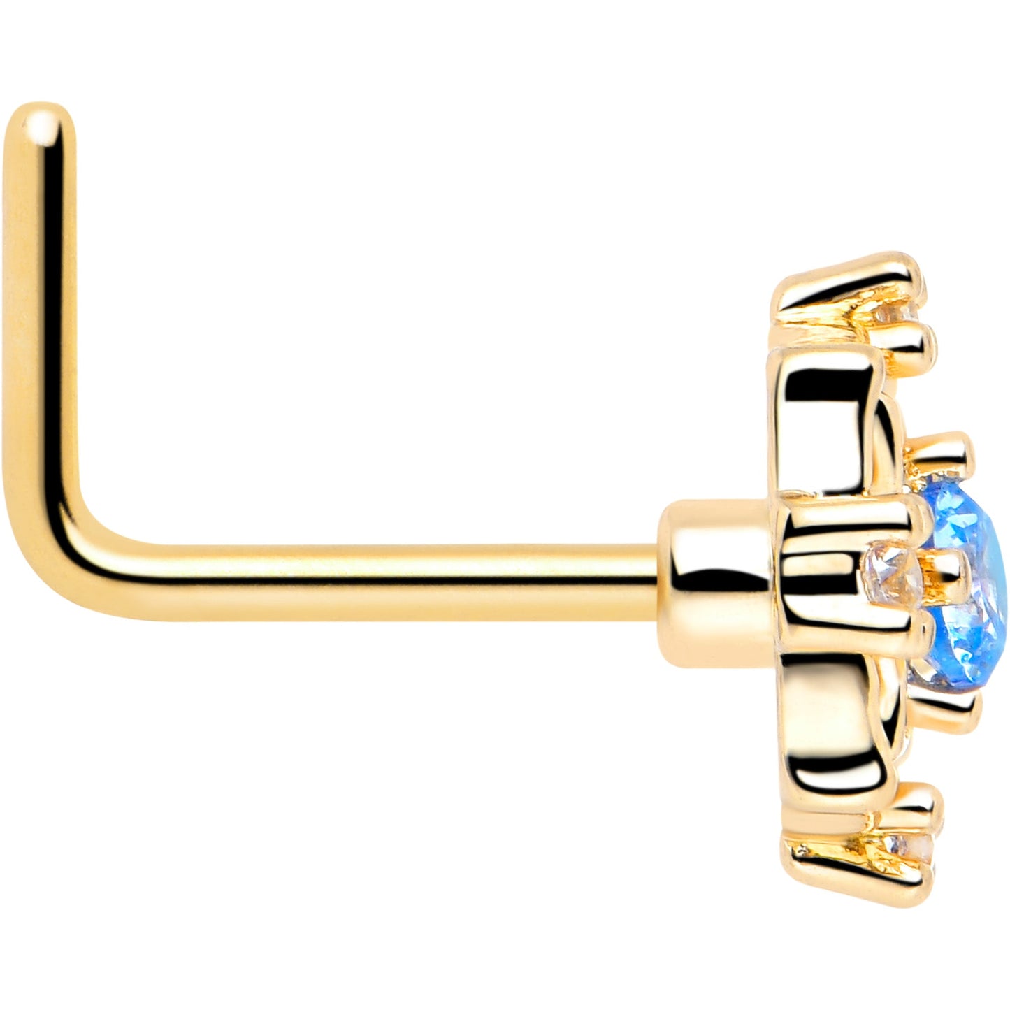 20G 7mm Blue CZ Gem Gold Tone Flower Ring L Shape Nose Ring