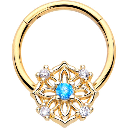 16G 3/8 Blue CZ Gem Gold Tone Flower Ring Hinged Segment Ring
