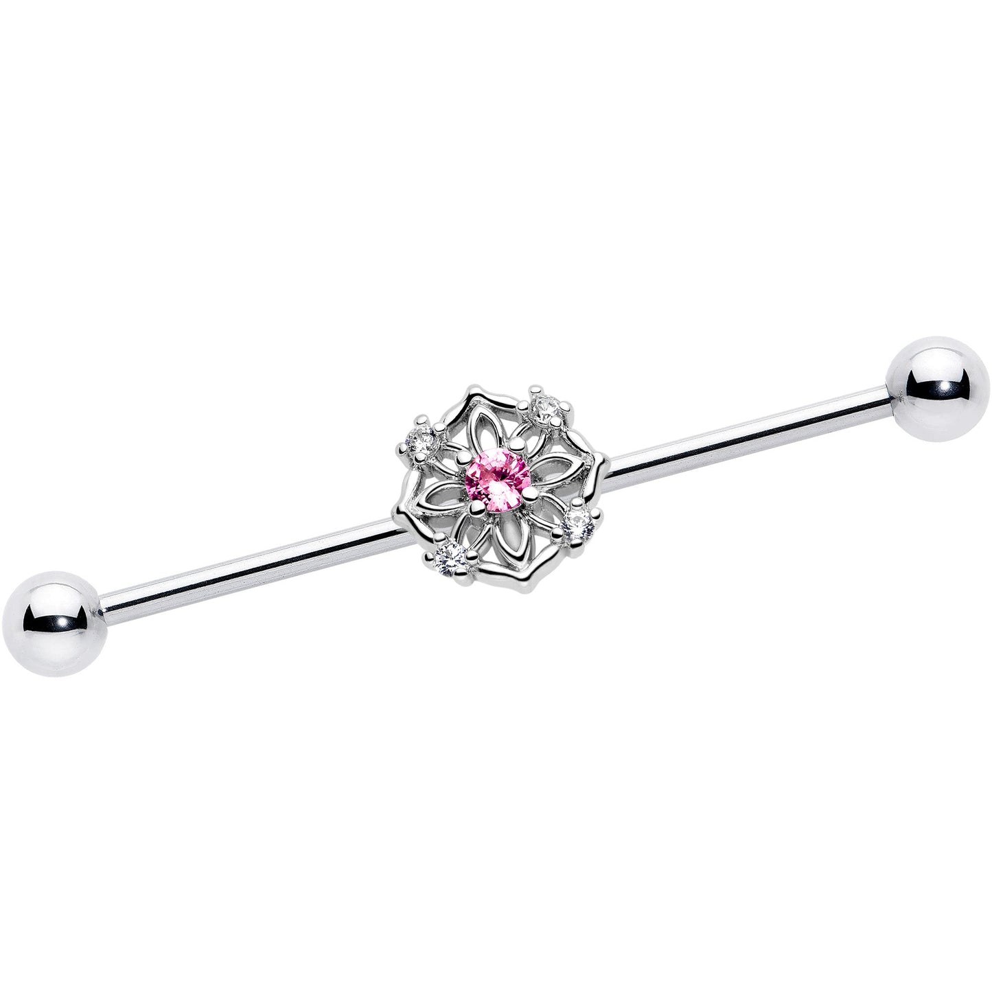 14G Pink CZ Gem Flower Circle Industrial Barbell 38mm