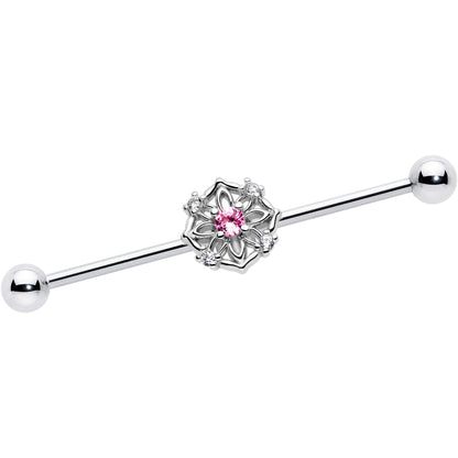14G Pink CZ Gem Flower Circle Industrial Barbell 38mm