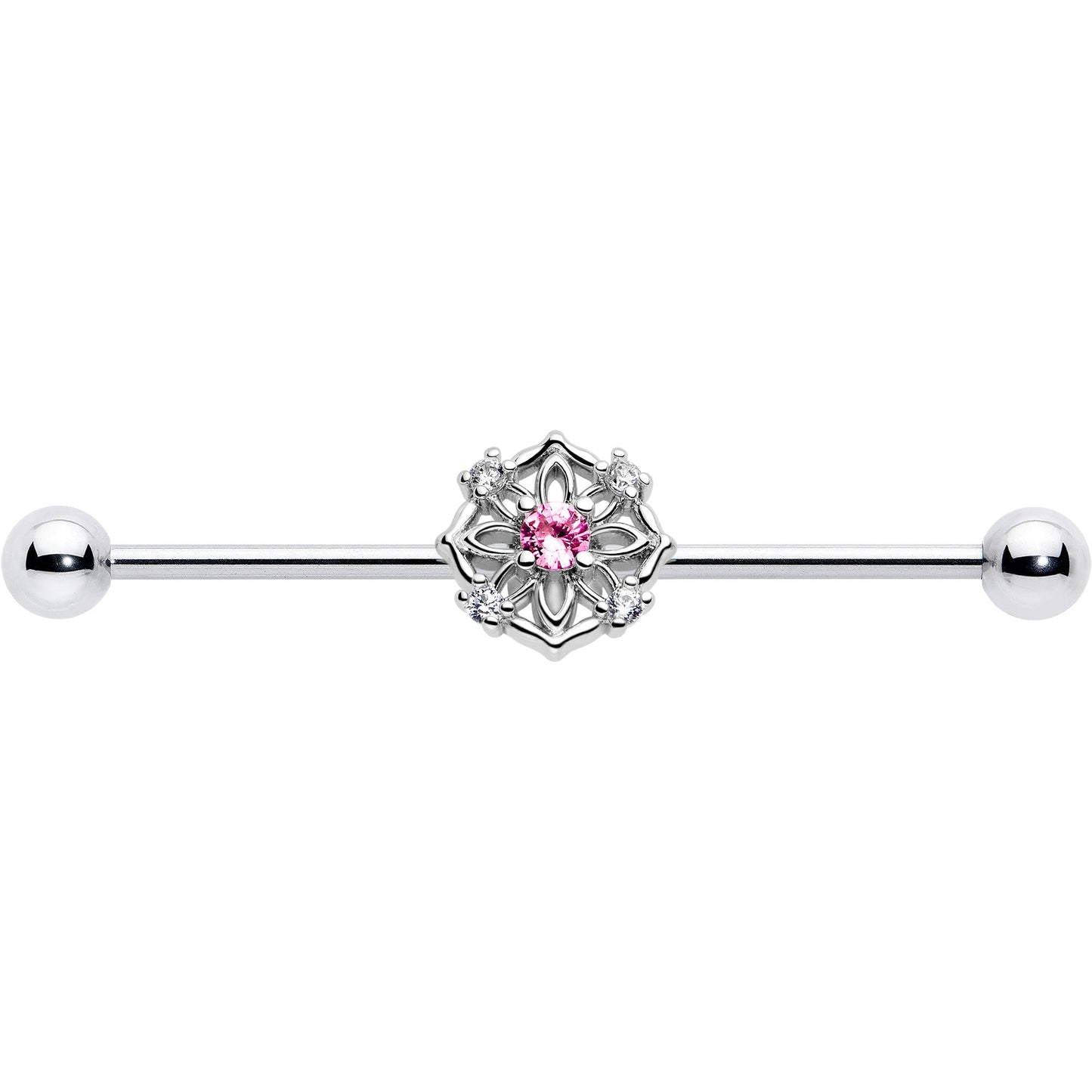 14G Pink CZ Gem Flower Circle Industrial Barbell 38mm
