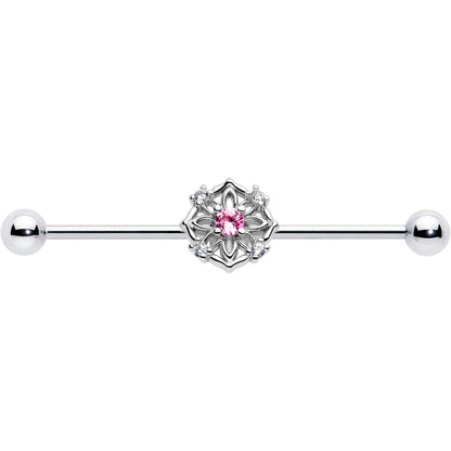 14G Pink CZ Gem Flower Circle Industrial Barbell 38mm