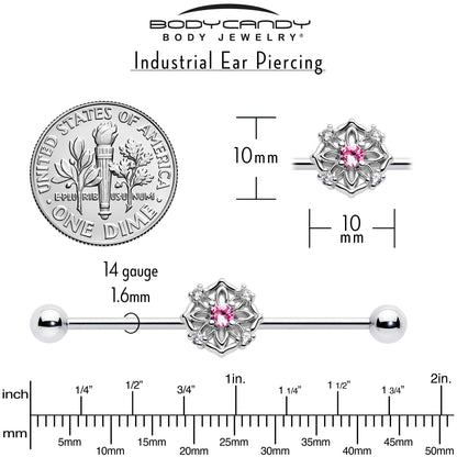 14G Pink CZ Gem Flower Circle Industrial Barbell 38mm