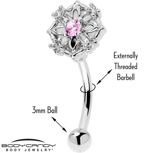 16G 5/16 Pink CZ Gem Flower Circle Curved Eyebrow Ring