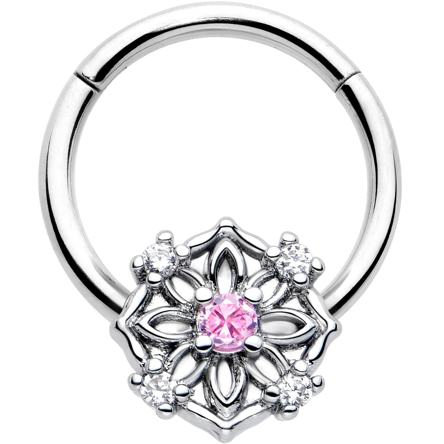 16G 3/8 Pink CZ Gem Flower Circle Hinged Segment Ring