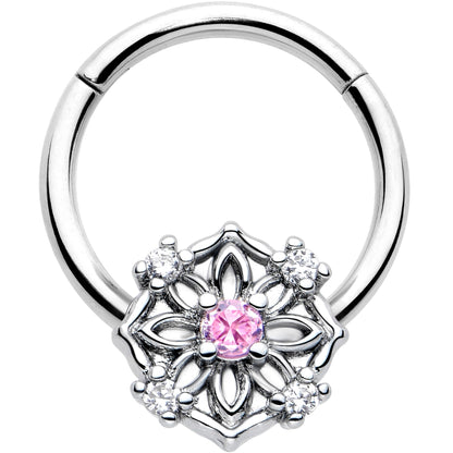 16G 3/8 Pink CZ Gem Flower Circle Hinged Segment Ring