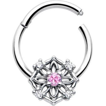 16G 3/8 Pink CZ Gem Flower Circle Hinged Segment Ring