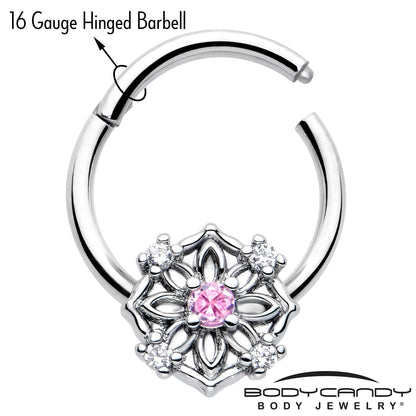 16G 3/8 Pink CZ Gem Flower Circle Hinged Segment Ring