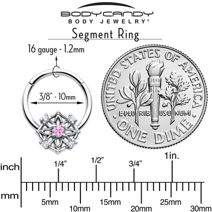 16G 3/8 Pink CZ Gem Flower Circle Hinged Segment Ring