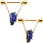14G 9/16 Blue Gem Gold Tone Sky Owl Chain Dangle Nipple Ring Set