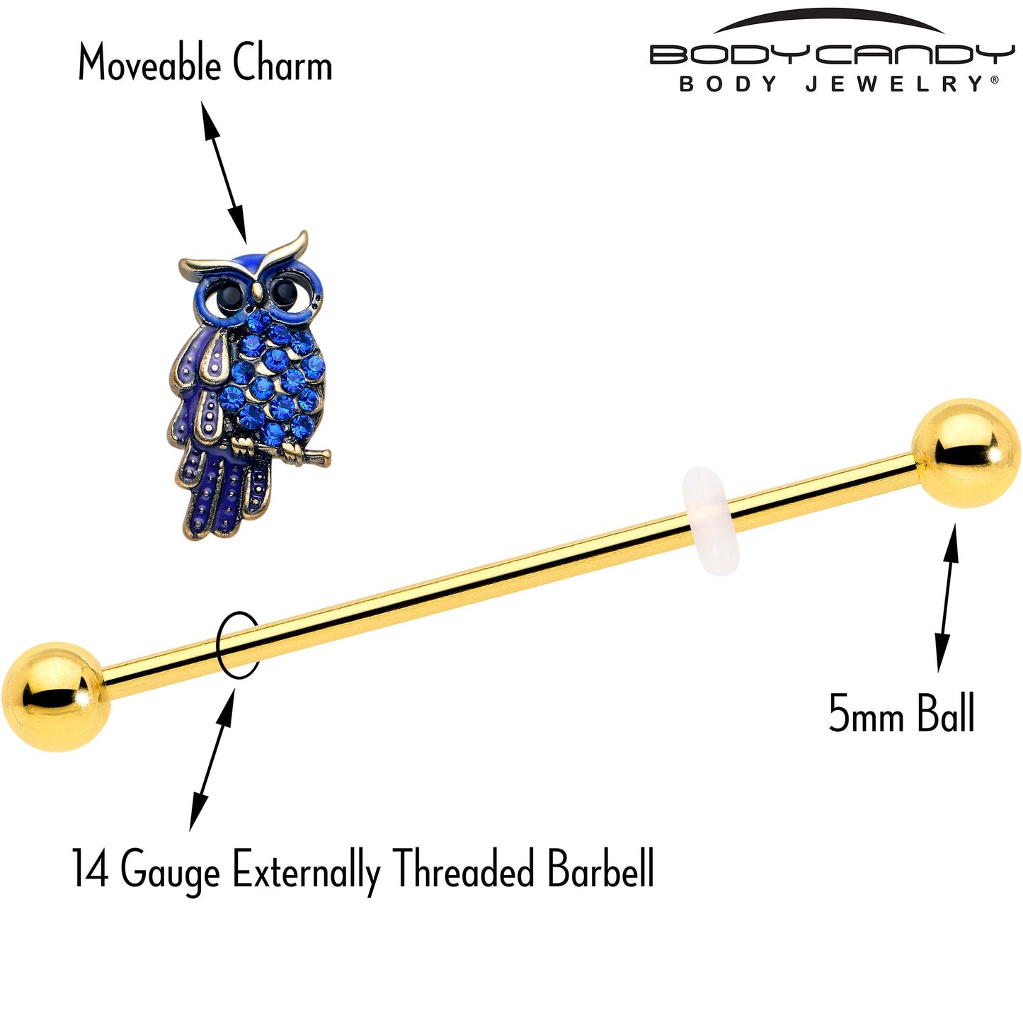 14G Blue Gem Gold Tone Sky Owl Industrial Barbell 38mm