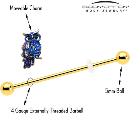 14G Blue Gem Gold Tone Sky Owl Industrial Barbell 38mm