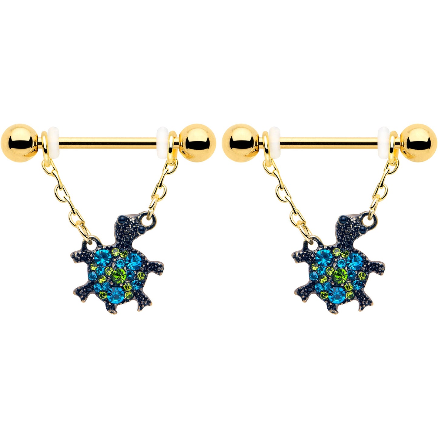 14G 9/16 Blue Gem Gold Hue Sweet Sea Turtle Dangle Nipple Ring Set