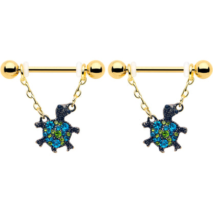 14G 9/16 Blue Gem Gold Hue Sweet Sea Turtle Dangle Nipple Ring Set