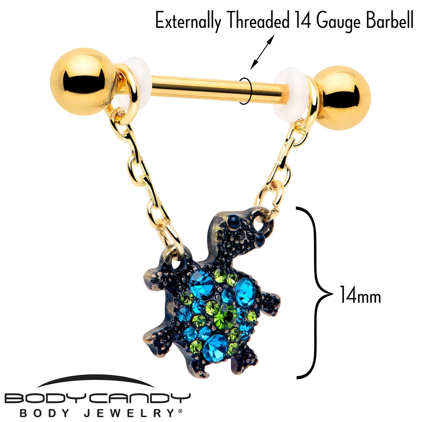 14G 9/16 Blue Gem Gold Hue Sweet Sea Turtle Dangle Nipple Ring Set