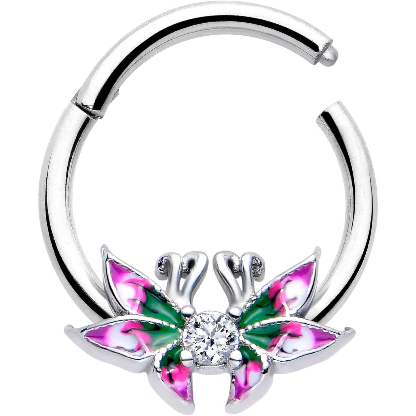 16G 3/8 Clear CZ Gem Profile Butterflies Hinged Segment Ring