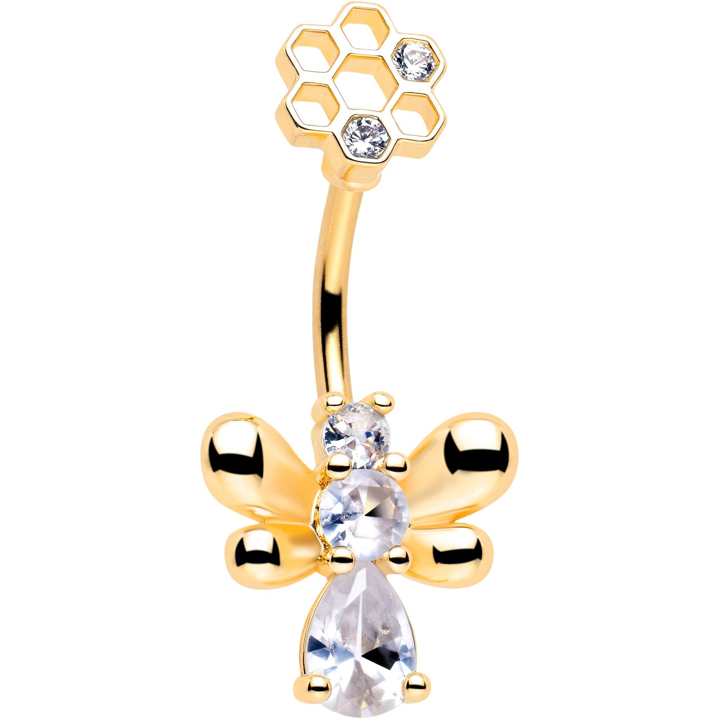 Clear CZ Gem Gold Tone Bee Hive Luv Double Mount Belly Ring