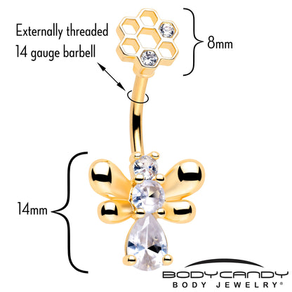 Clear CZ Gem Gold Tone Bee Hive Luv Double Mount Belly Ring
