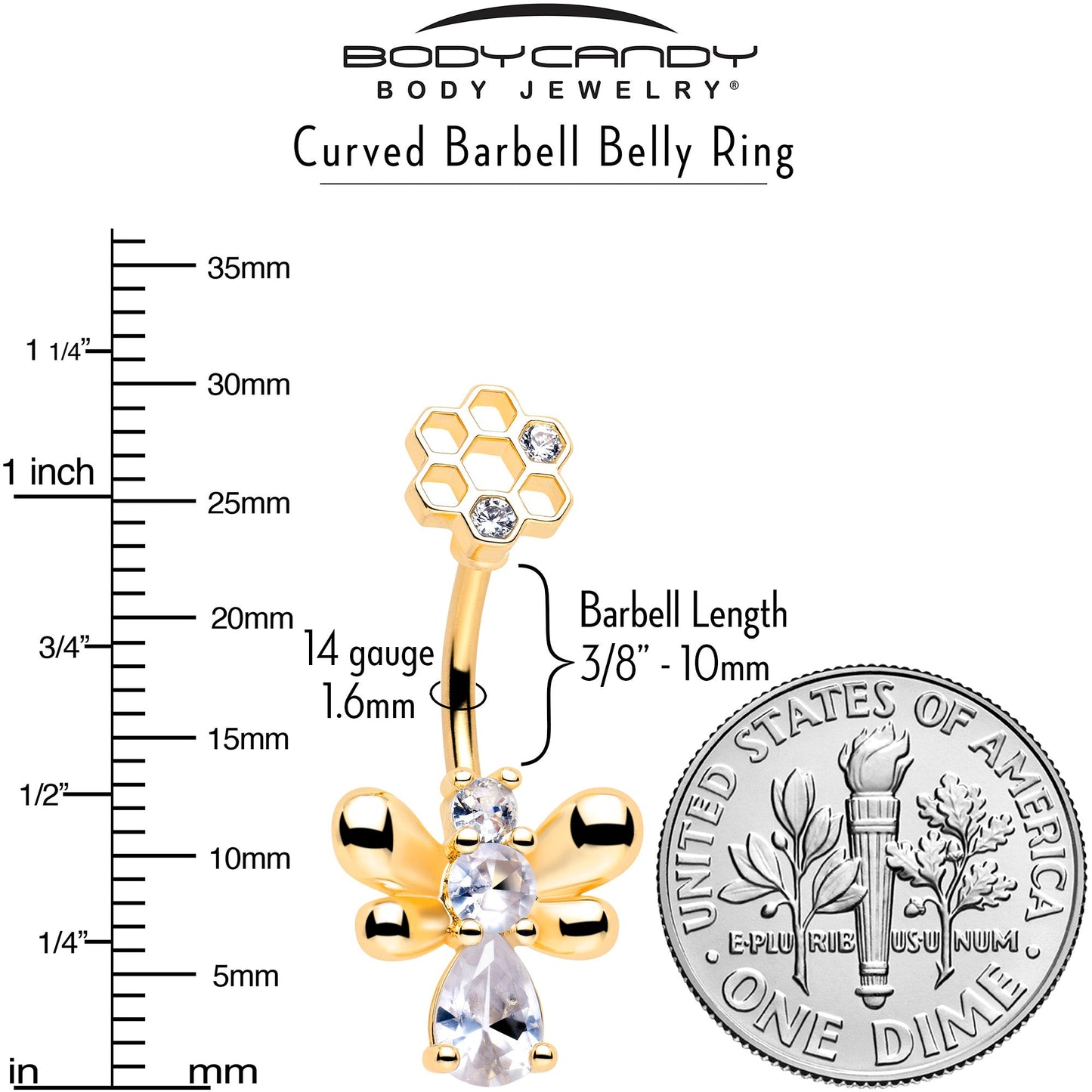 Clear CZ Gem Gold Tone Bee Hive Luv Double Mount Belly Ring