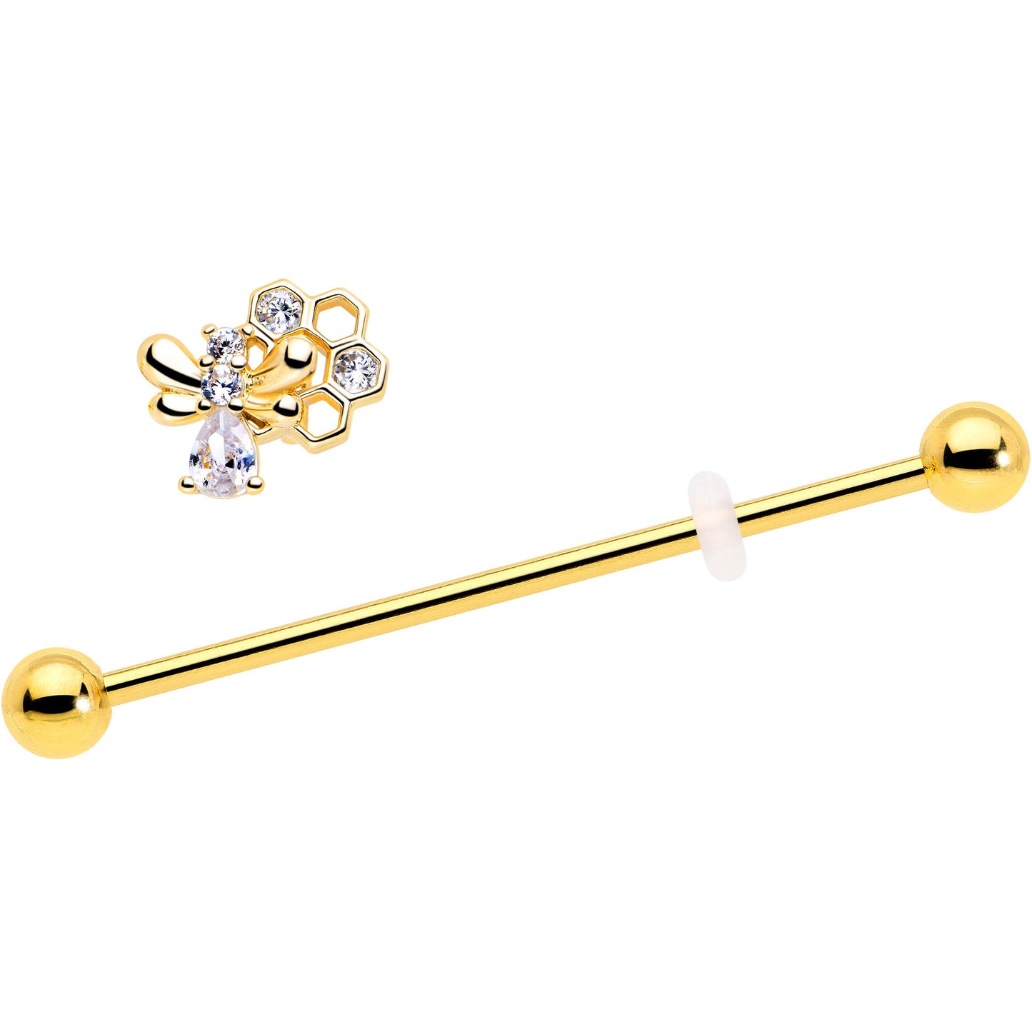 14G Clear CZ Gem Gold Tone Bee Hive Luv Industrial Barbell 38mm