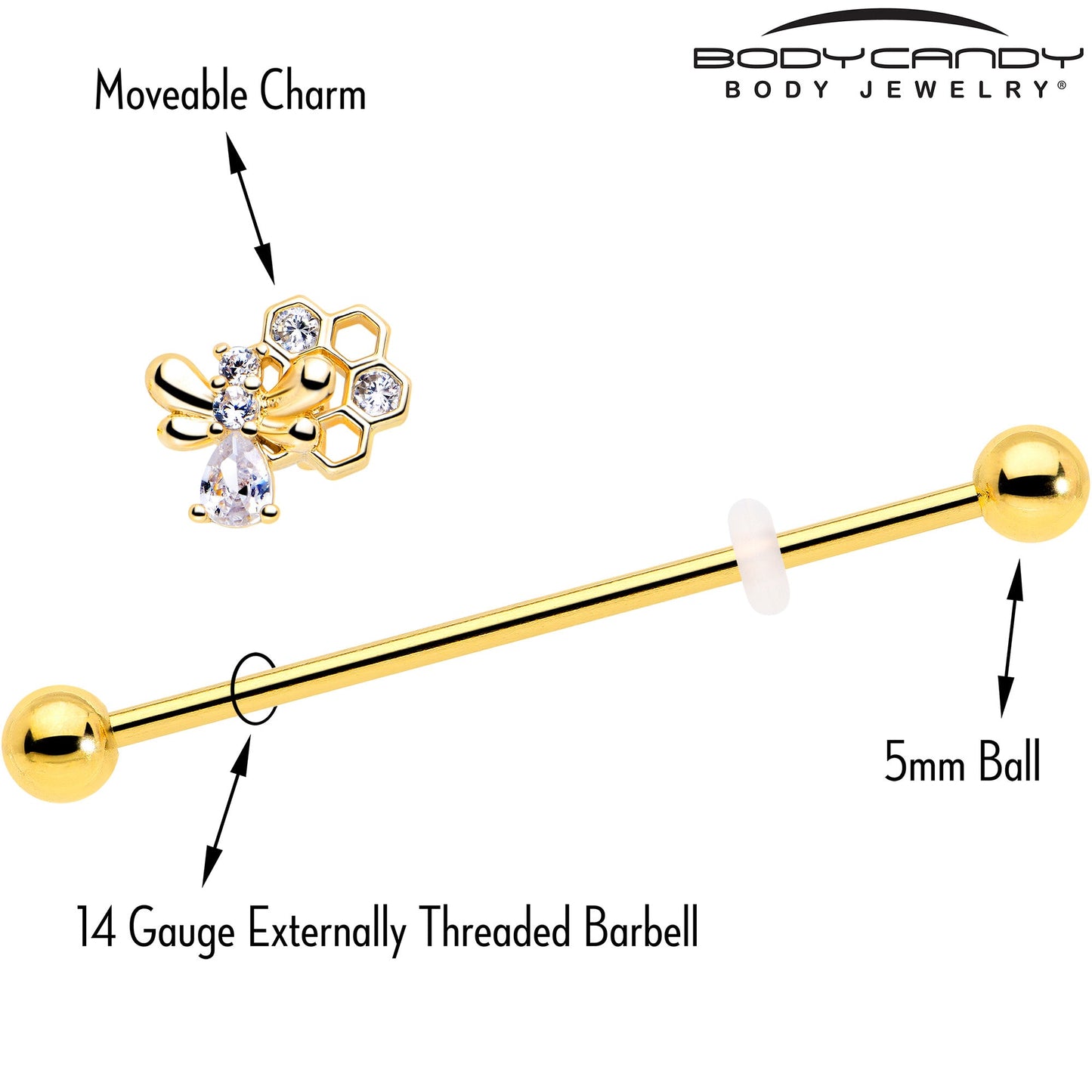 14G Clear CZ Gem Gold Tone Bee Hive Luv Industrial Barbell 38mm