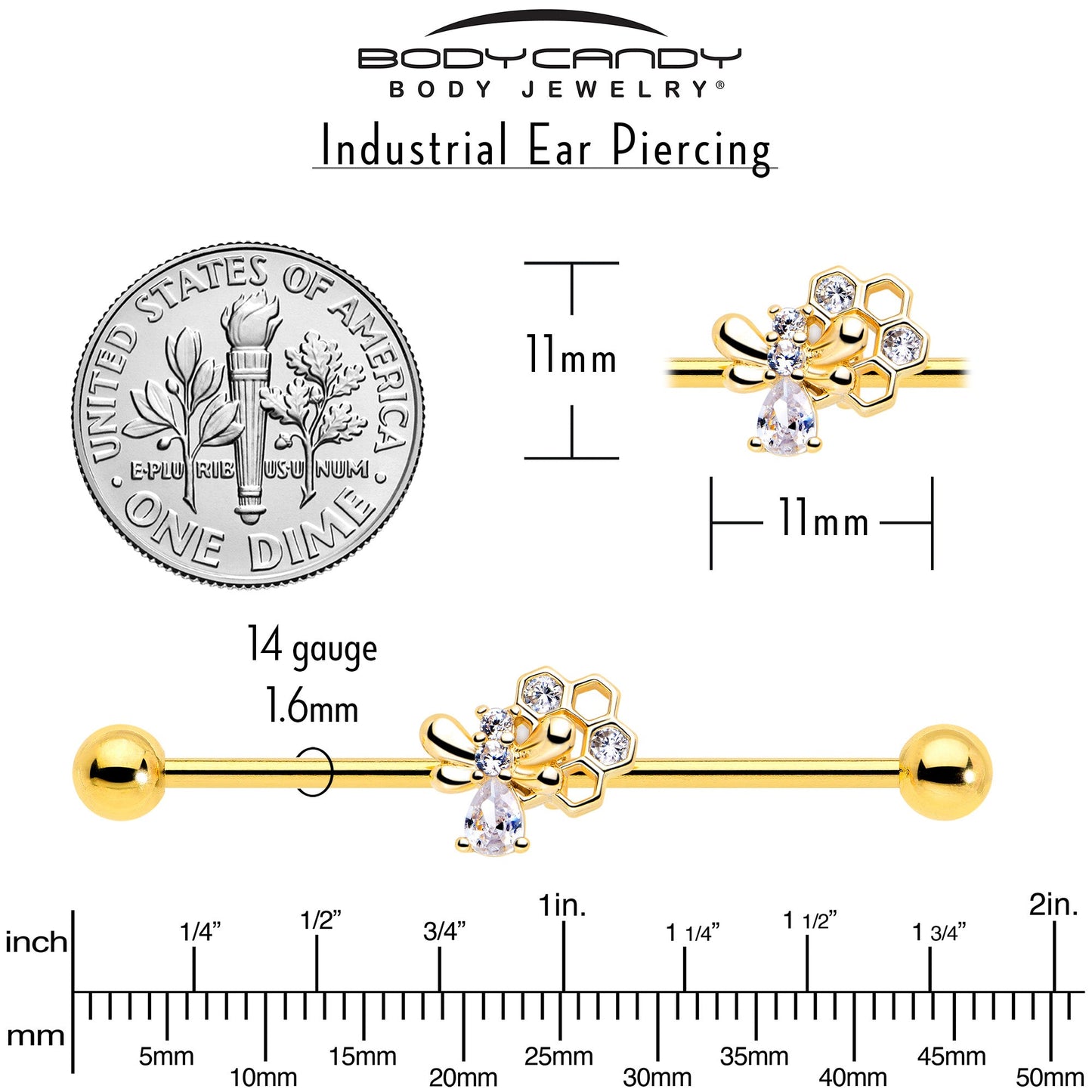 14G Clear CZ Gem Gold Tone Bee Hive Luv Industrial Barbell 38mm