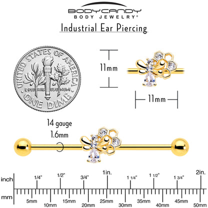 14G Clear CZ Gem Gold Tone Bee Hive Luv Industrial Barbell 38mm