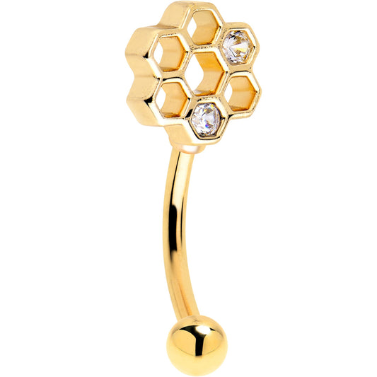 16G 5/16 Clear CZ Gold Tone Bee Hive Luv Curved Eyebrow Ring Set of 2