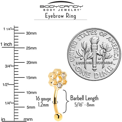 16G 5/16 Clear CZ Gold Tone Bee Hive Luv Curved Eyebrow Ring Set of 2