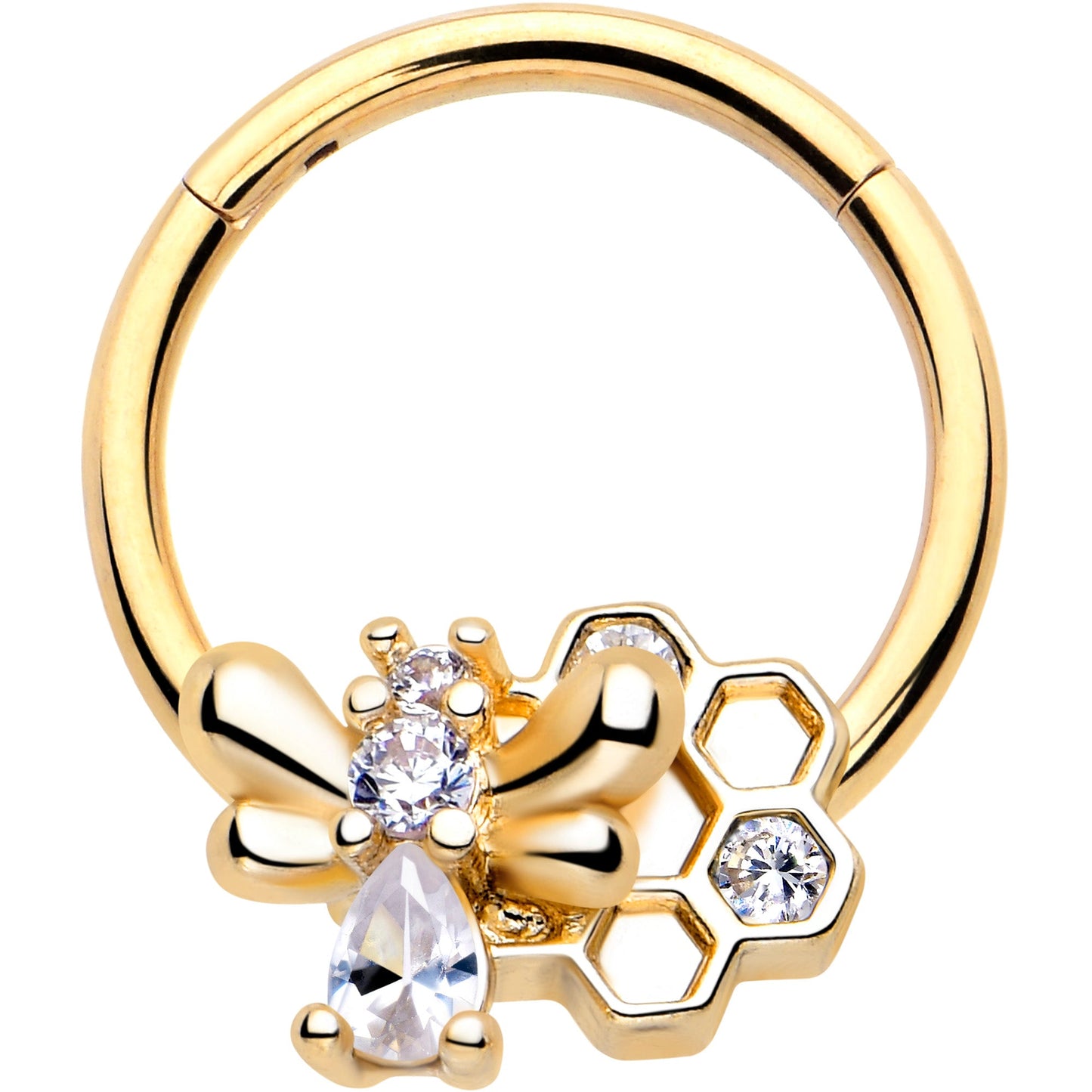 16G 3/8 Clear CZ Gem Gold Tone Bee Hive Luv Hinged Segment Ring