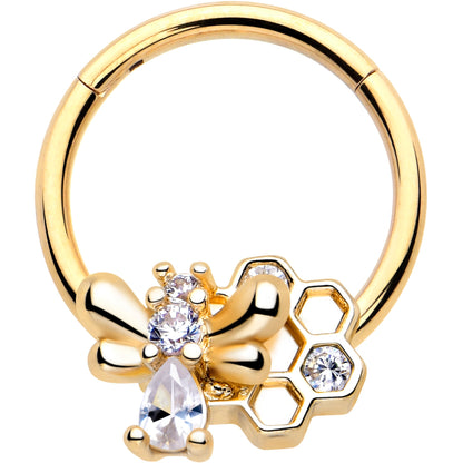 16G 3/8 Clear CZ Gem Gold Tone Bee Hive Luv Hinged Segment Ring