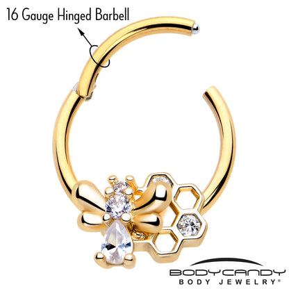 16G 3/8 Clear CZ Gem Gold Tone Bee Hive Luv Hinged Segment Ring