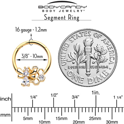 16G 3/8 Clear CZ Gem Gold Tone Bee Hive Luv Hinged Segment Ring