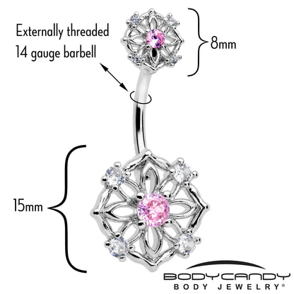 Pink CZ Gem Flower Circle Double Mount Belly Ring