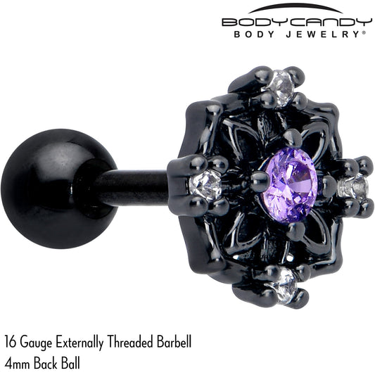 16G 1/4 Purple CZ Gem Black Flower Ring Cartilage Tragus Earring