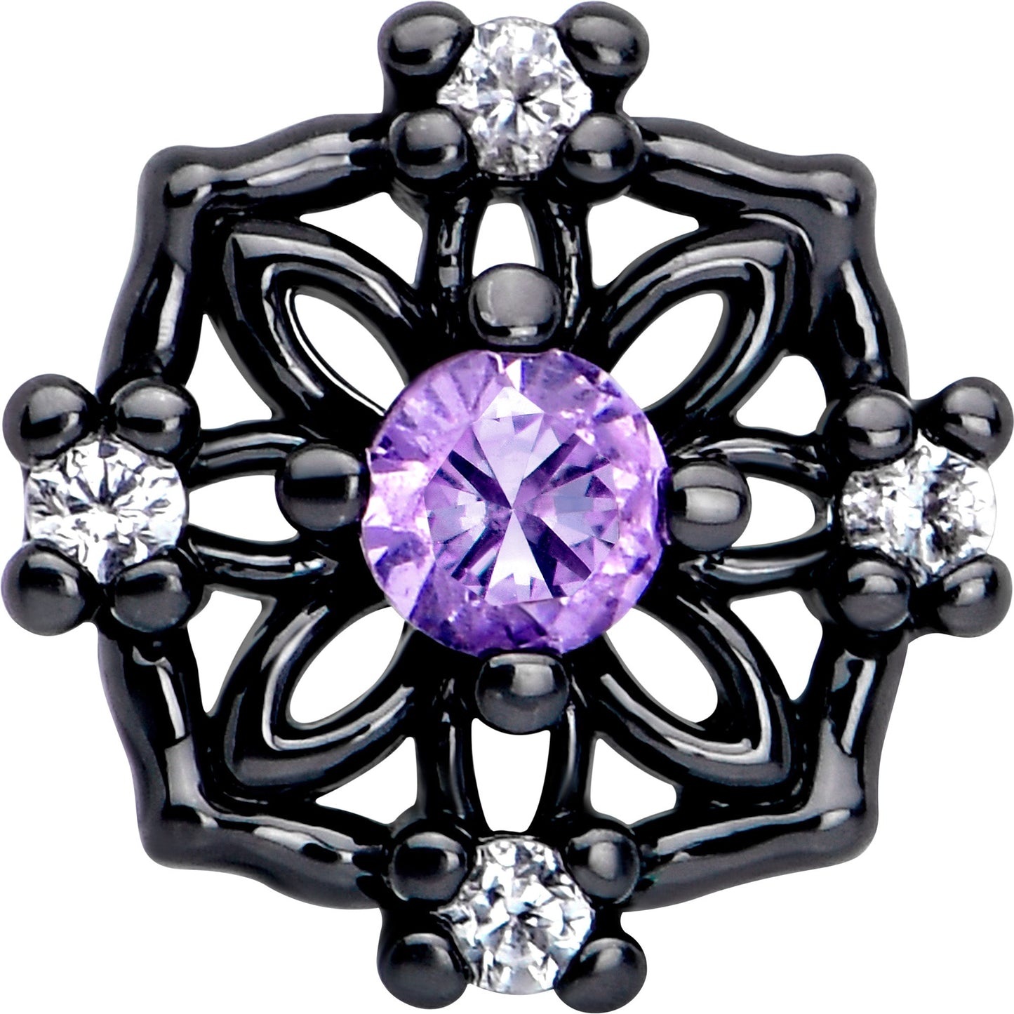 16G 1/4 Purple CZ Gem Black Flower Ring Cartilage Tragus Earring