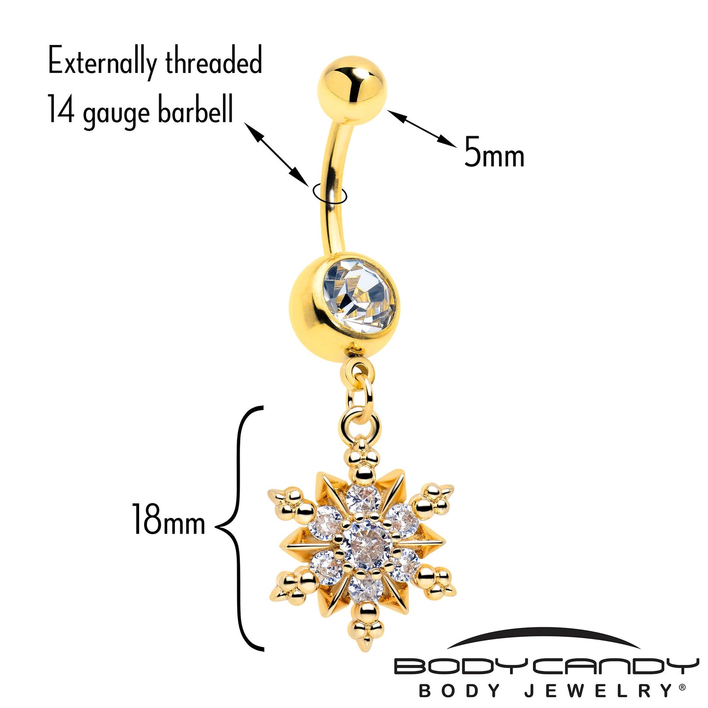 Clear CZ Gem Gold Tone Glam Snowflake Dangle Belly Ring