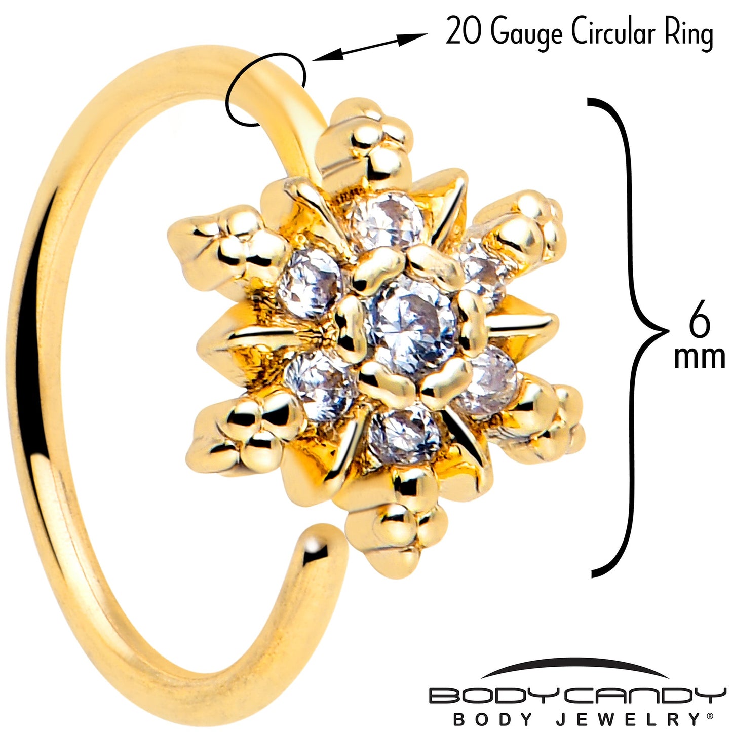 20G 5/16 Clear CZ Gem Gold Tone Glam Snowflake Nose Hoop