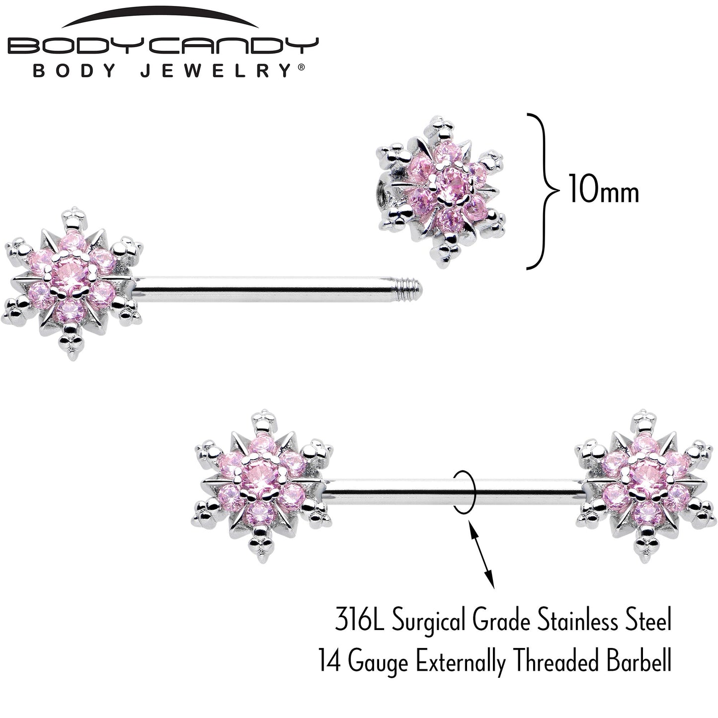 14G 9/16 Pink CZ Gem Snowflake Glam Barbell Nipple Ring Set