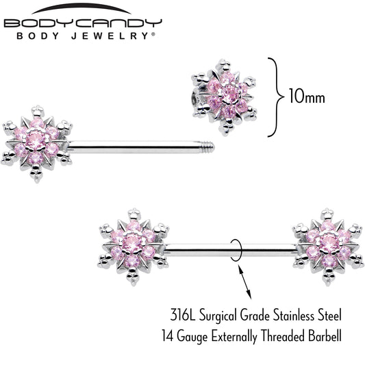 14G 9/16 Pink CZ Gem Snowflake Glam Barbell Nipple Ring Set