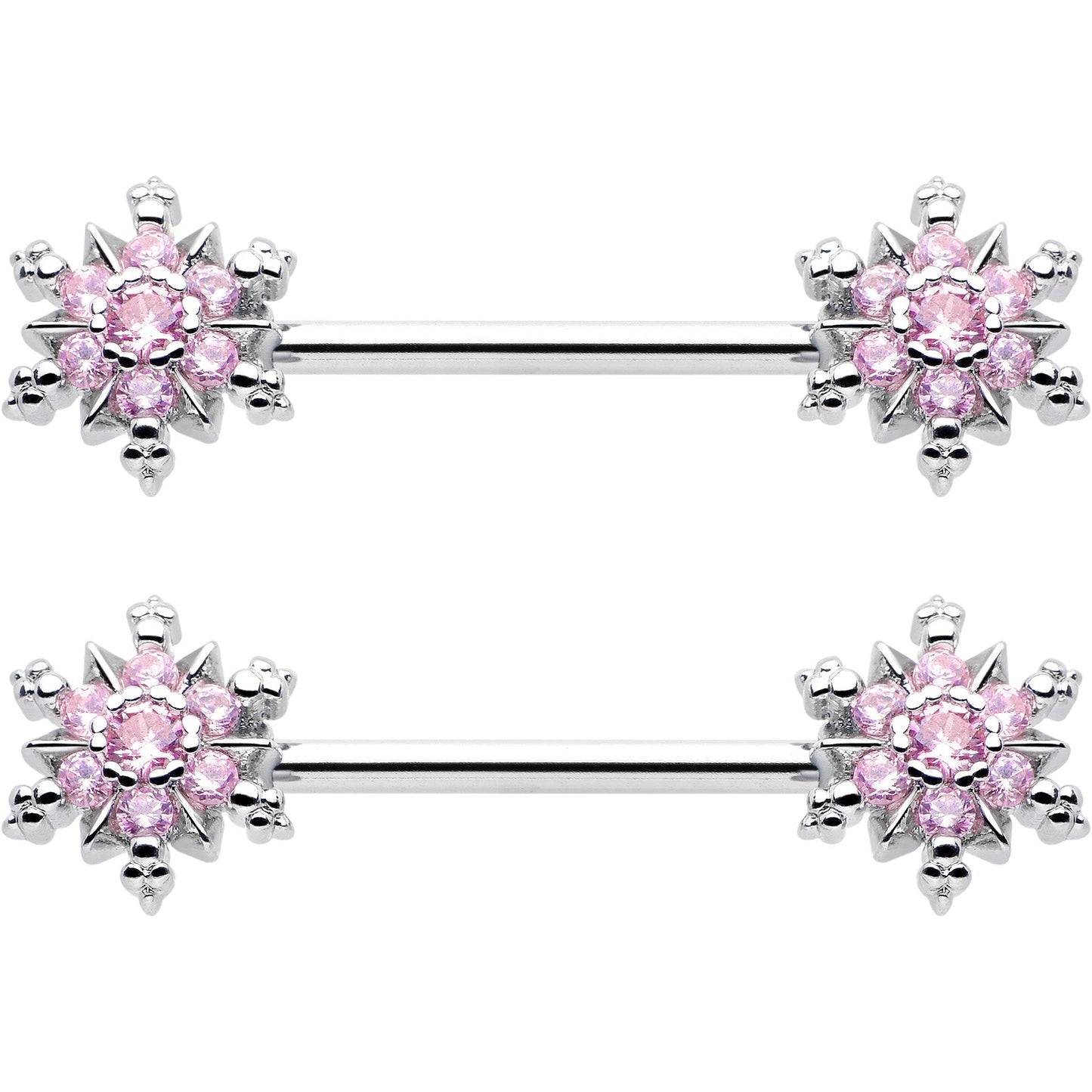 14G 9/16 Pink CZ Gem Snowflake Glam Barbell Nipple Ring Set