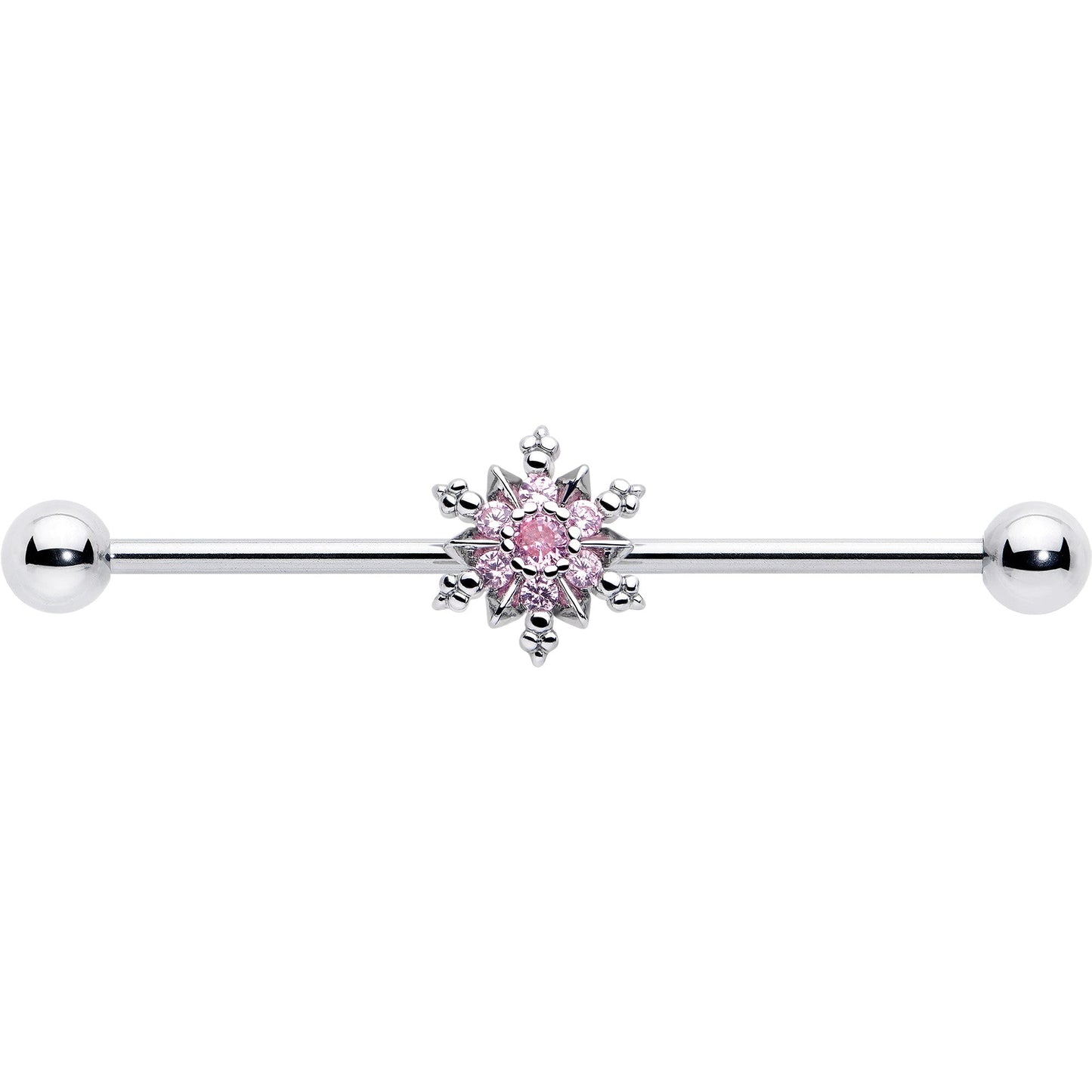 14G Pink CZ Gem Snowflake Glam Industrial Barbell 38mm