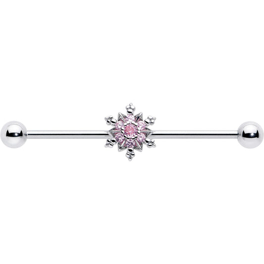 14G Pink CZ Gem Snowflake Glam Industrial Barbell 38mm