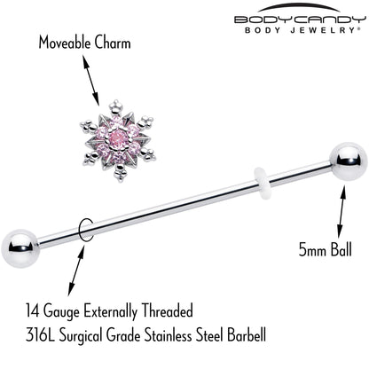 14G Pink CZ Gem Snowflake Glam Industrial Barbell 38mm