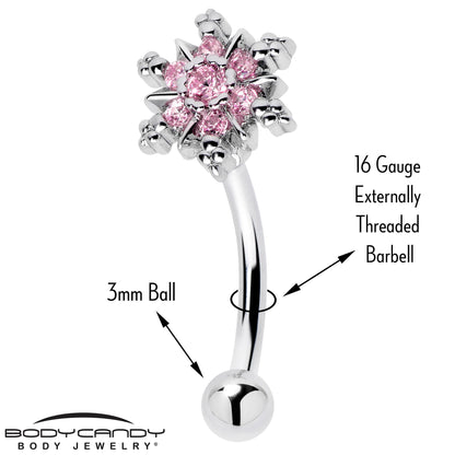 16G 5/16 Pink CZ Gem Snowflake Glam Curved Eyebrow Ring